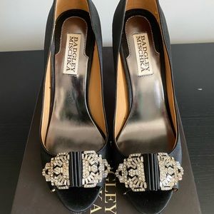 Badgley Mischka Black Satin Open Toe Heels